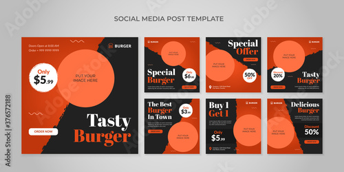 Tasty burger social media post template. Food square banner for fast food restaurant