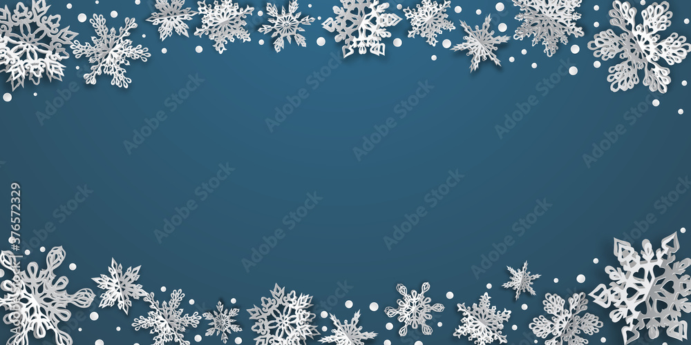 Christmas background with volume paper snowflakes with soft shadows on blue background Christmas background with volume paper snowflakes with soft shadows on blue background