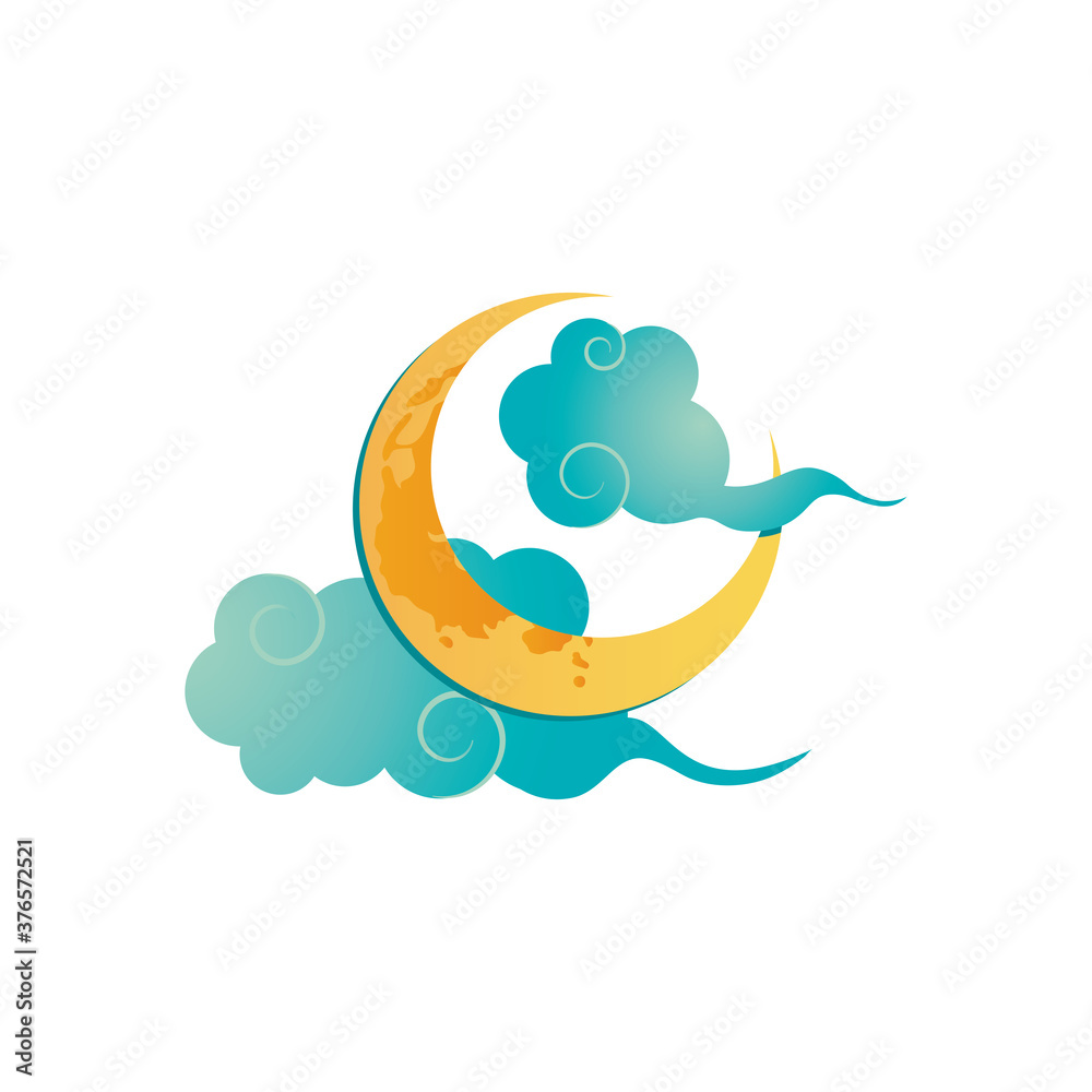 oriental clouds and half moon icon, detailed style oriental clouds and half moon icon, detailed style