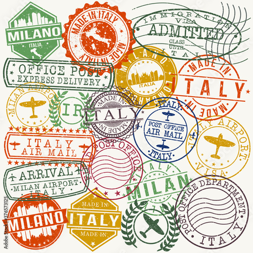 Milan Italy Stamp Vector Art Postal Passport Travel Design Set.