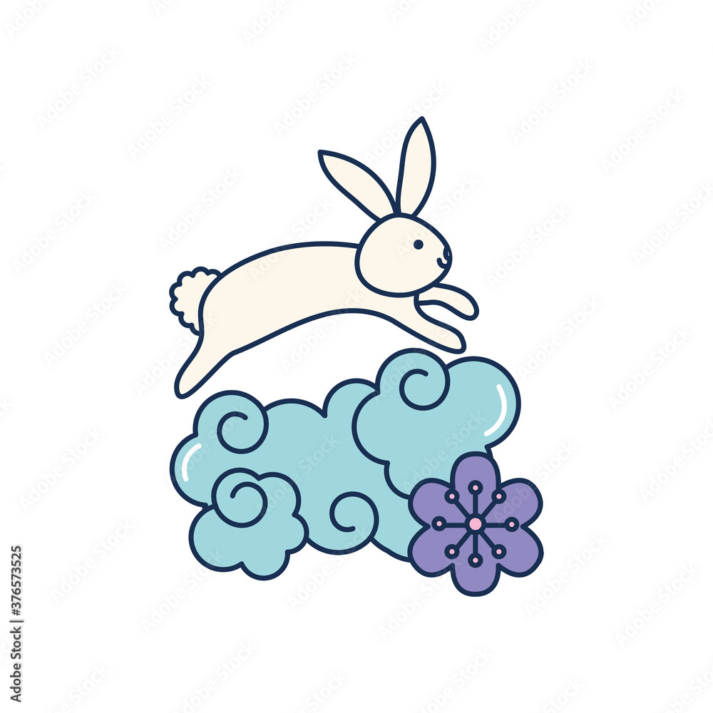 oriental cloud, flower and cute rabbit, line fill style oriental cloud, flower and cute rabbit, line fill style