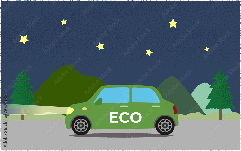 夜、ライトを点けて山沿いの道を進む緑のエコカーのベクターイラスト