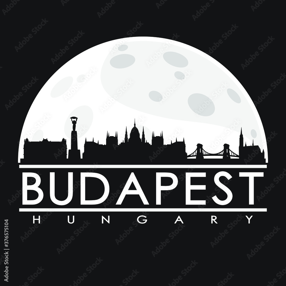 Budapest Full Moon Night Skyline Silhouette Design City Vector Art.