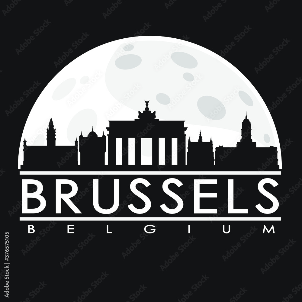 Brussels Belgium Full Moon Night Skyline Silhouette Design City Vector Art.