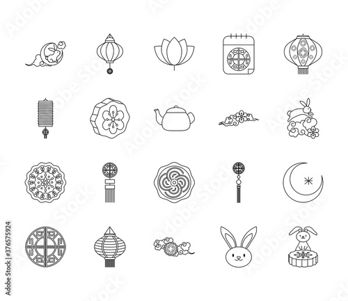 chinese lantern and mid autumn icon set, line style
