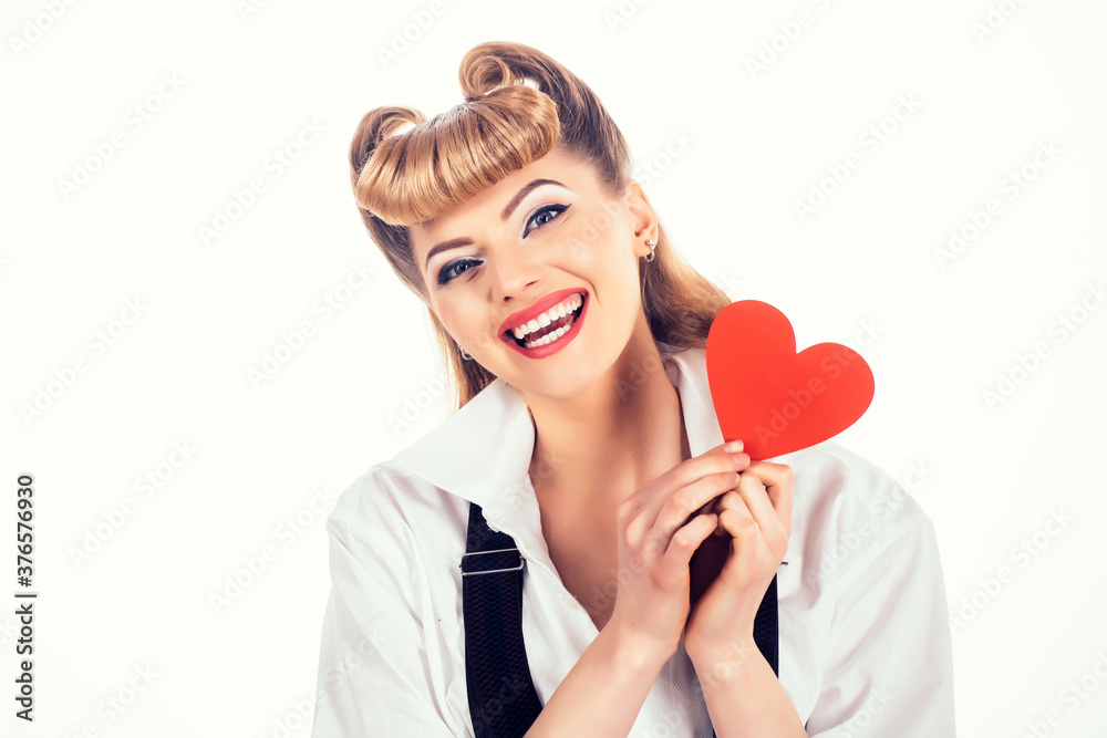 Happy young woman with red heart. Girl on a white background. Happy young woman with red heart. Girl on a white background.