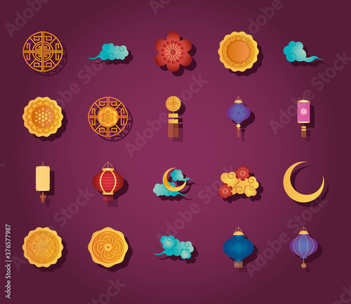 oriental clouds and mid autumn icon set, detailed style