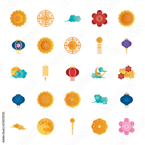 chinese charms and mooncakes icon set, detailed style