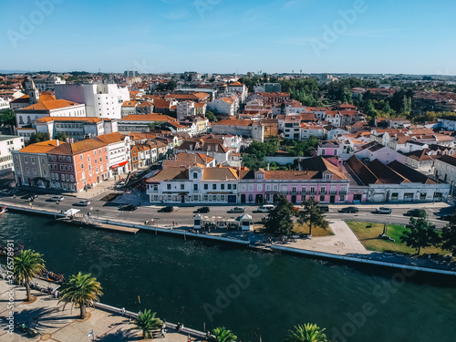 .Top view of the city, narrow streets and roofs of houses with red tiles Cascais.