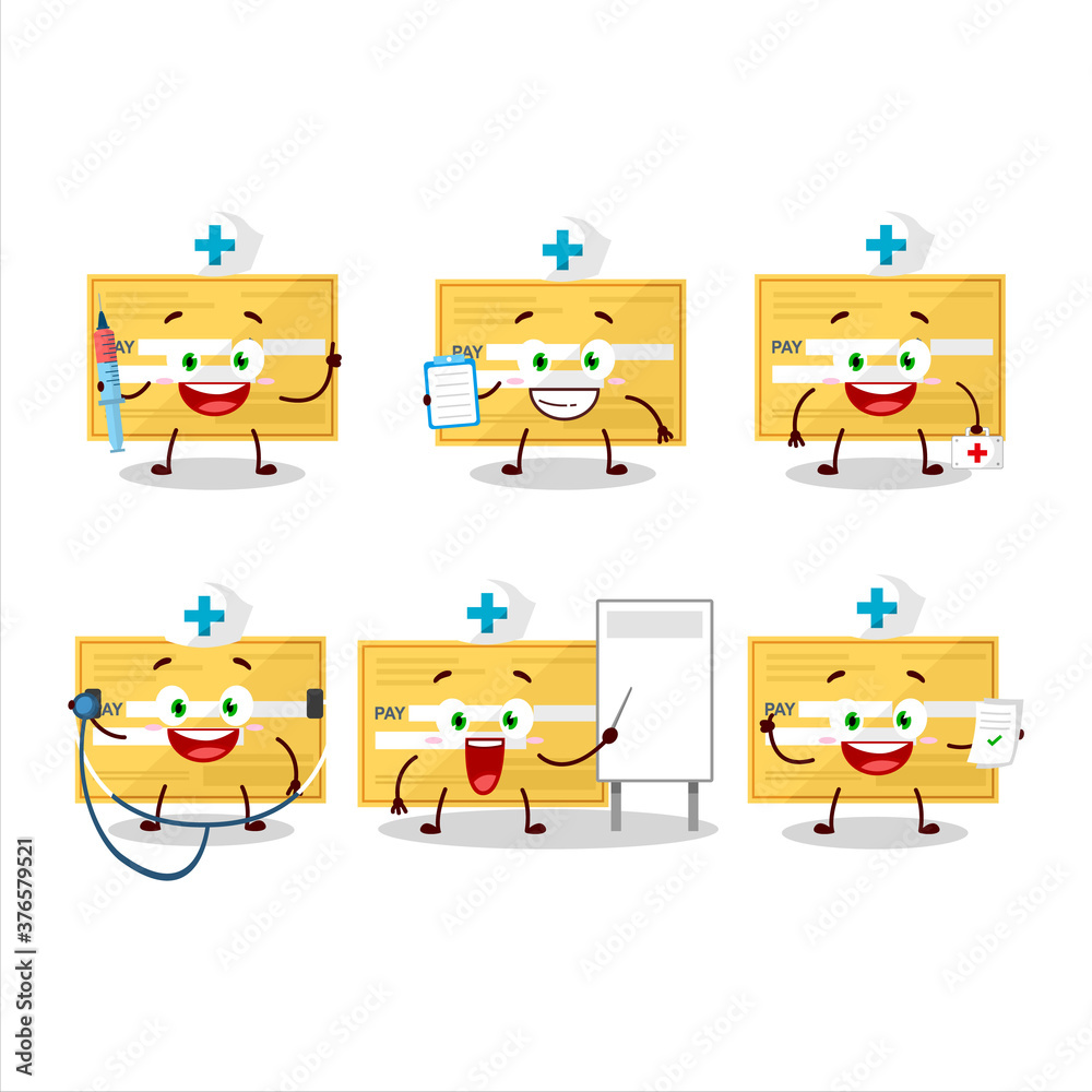 Doctor profession emoticon with payment check paper cartoon character Doctor profession emoticon with payment check paper cartoon character