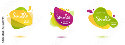 Set of smoothie vector label. Bright and shine stickers, labels, tags and banners for smoothie. For badges of fresh market, detox, farmers market, eco shop, smoothies drinks, juice cafe, green bar.