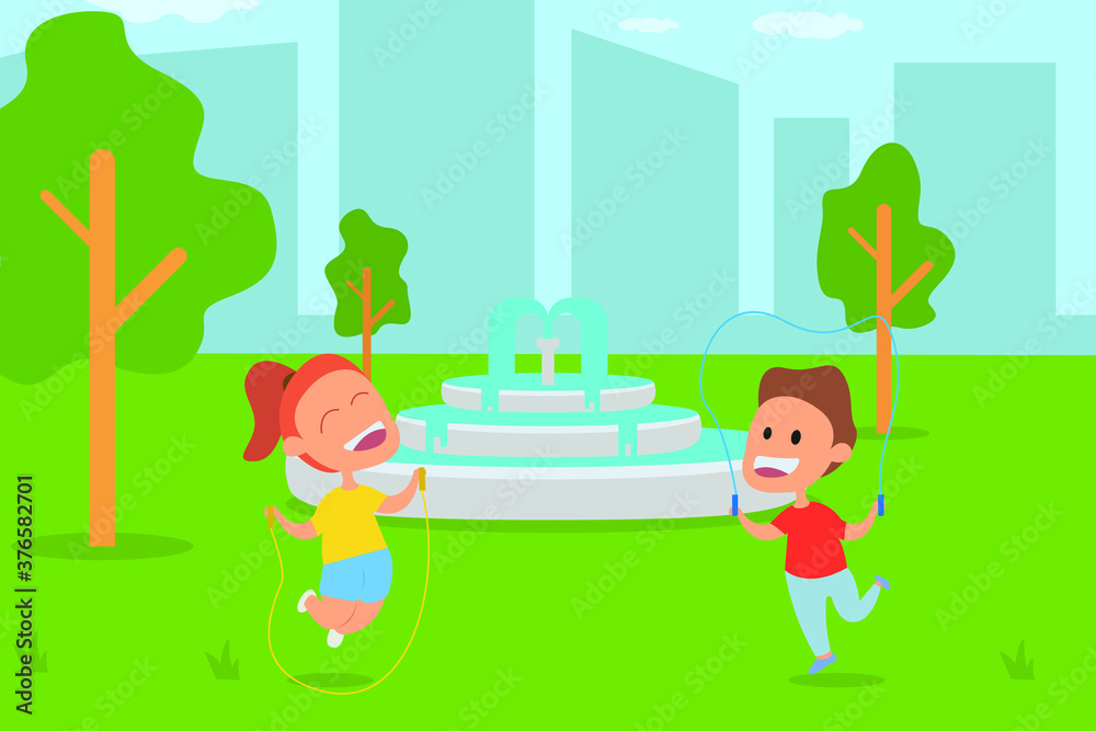 Playing outdoor vector concept: Cheerful children playing skipping rope while laughing together at the park