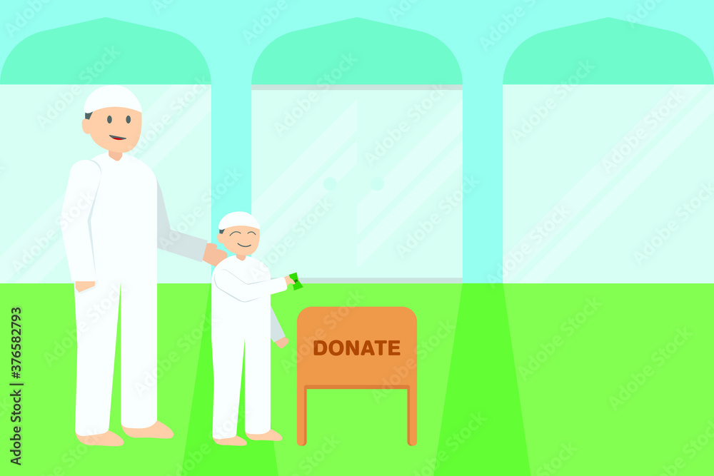Donation at mosque vector concept: man teaching his son to donate some money into a donation box in the mosque Donation at mosque vector concept: man teaching his son to donate some money into a donation box in the mosque