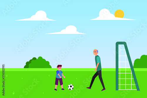 Elderly sport vector concept: Grandfather and grandson playing football together in the green field