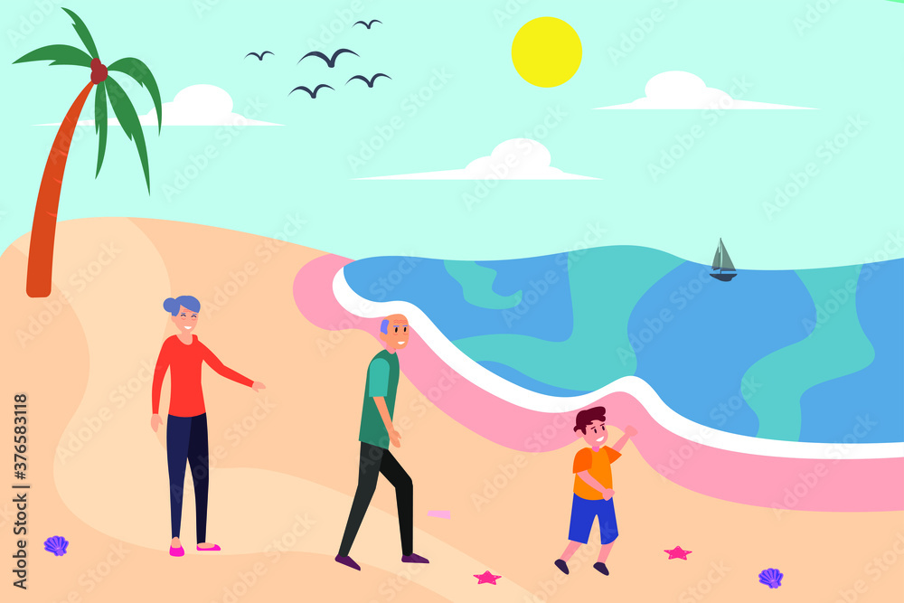 Elderly lifestyle vector concept: Cute grandson and his grandparents playing together while walking in the seashore