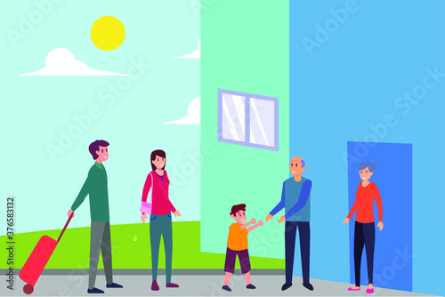Three generations family vector concept: Cute grandson with his parents saying goodbye to grandparents in front of house
