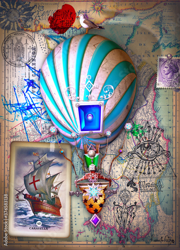 Travel by balloon. Surreal and steampunk hot air balloon with old papers, drawings and maps