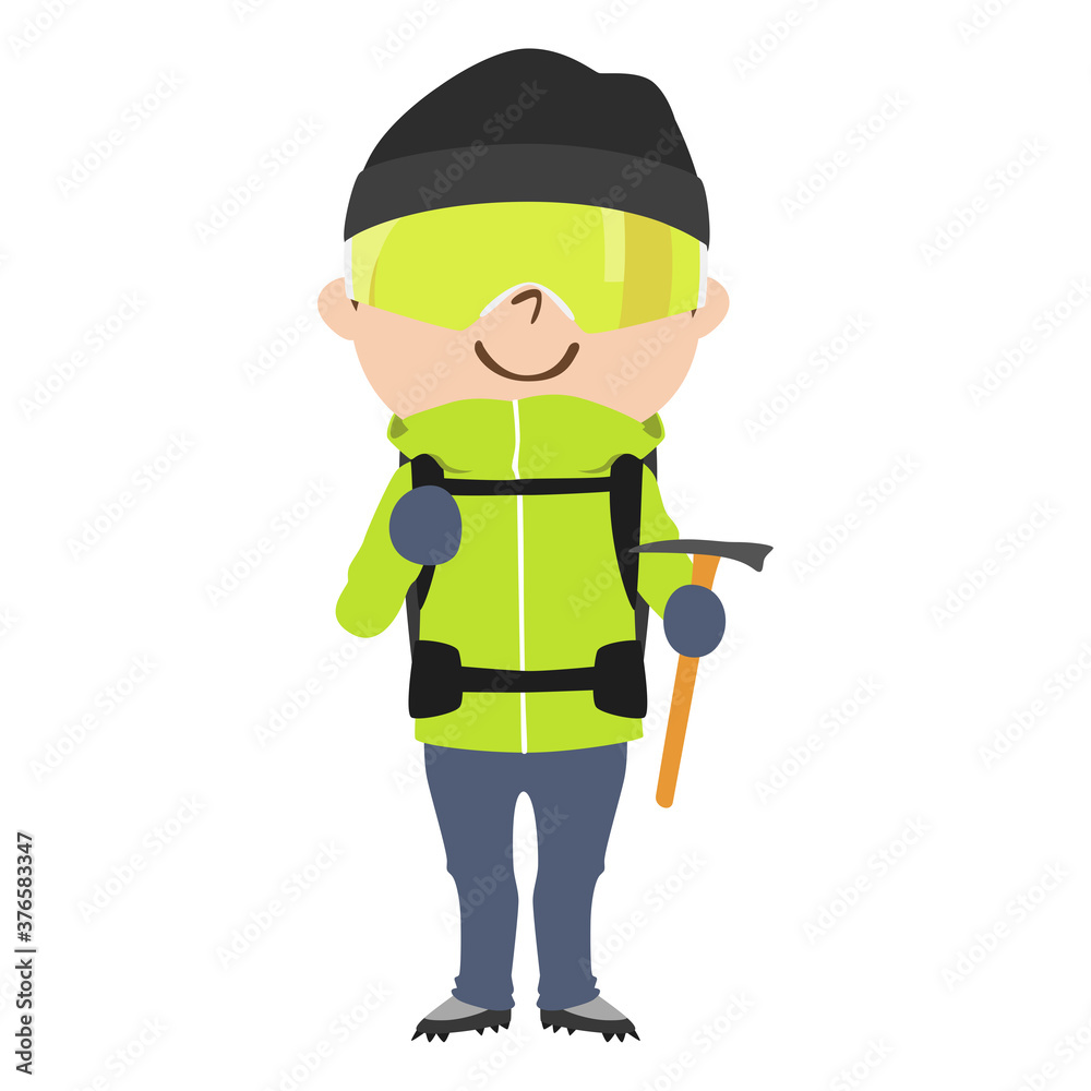 登山ウェアの男性のイラスト。雪山を登る時のファッション。 登山ウェアの男性のイラスト。雪山を登る時のファッション。