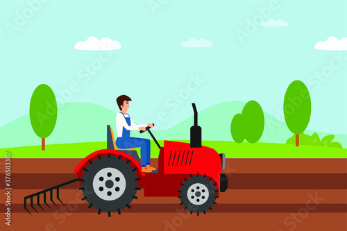 Agriculture vector concept: Farmer plowing the farmland with a tractor