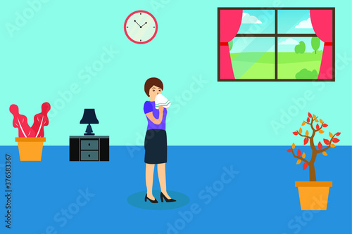 Influenza vector concept: Sick woman sneezing on handkerchief while standing at home