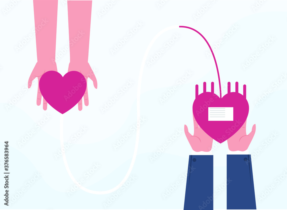 Blood Donation vector concept: Hands holding heart symbol with blood flowing to another heart Blood Donation vector concept: Hands holding heart symbol with blood flowing to another heart