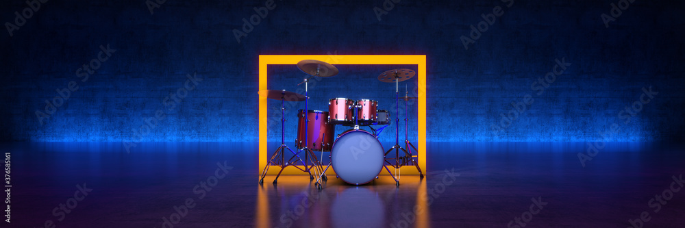 Drum kit studio setup on a dark background - obrazy, fototapety, plakaty 