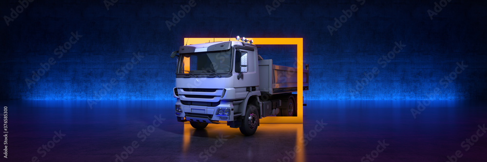 white heavy truck with yellow frame on black background. 3d rendering