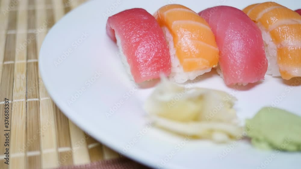 Tuna & Salmon sushi rack focus Tuna & Salmon sushi rack focus