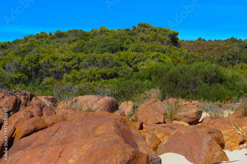 Scenic landscape at popular snorkeling, sliding down massive sand dunes, swimming and diving location at Injidup Beach , Western Australia which is located a short drive from Yallingup.