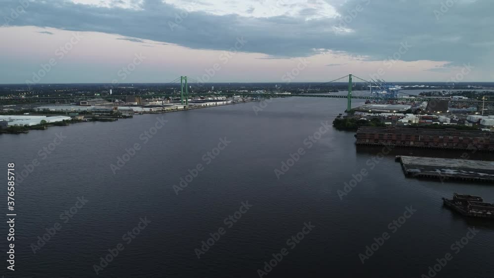Aerial Drone Flight Over Delaware River Heading Towards Walt Whitman Bridge South Philadelphia Aerial Drone Flight Over Delaware River Heading Towards Walt Whitman Bridge South Philadelphia