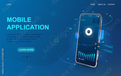 Mobile and online application development web page template showing oblique angle smartphone with on screen app and copyspace for text on blue, colored vector illustration