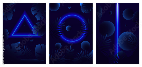 Three different decorative blue glowing line neon reflex patterns on tropical leaves over a dark background, colored vector illustration