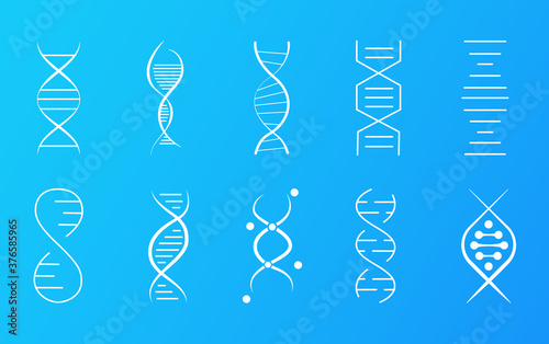 Set of DNA icons showing different forms of the helical molecule for medical and genetic themes, colored vector illustration