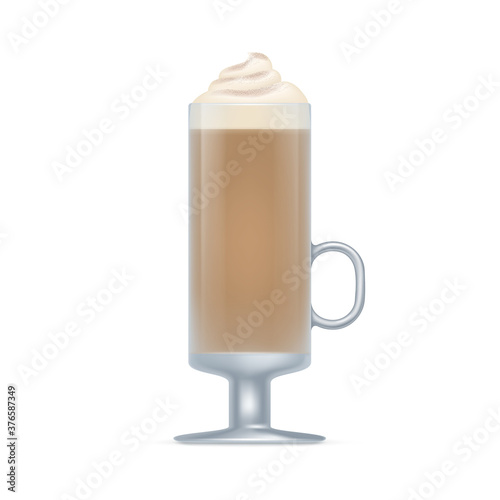 Glass mug of coffee drink. Aroma glace beverage with whipped cream in transparent mug realistic vector illustration isolated on white background