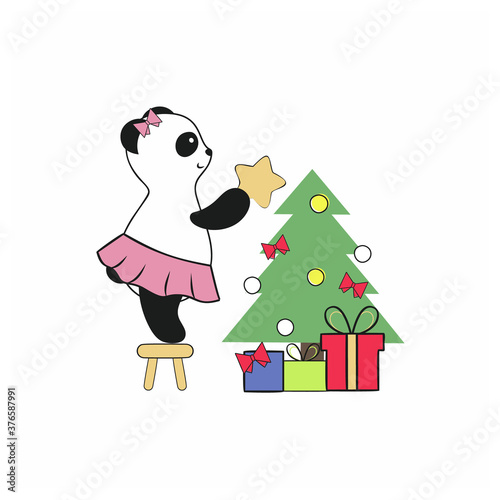 Cute Panda girl with a bow and skirt dresses up a Christmas tree. Children's flat cartoon illustration. Sticker for laptop, social network, one element for postcard design. New year and Christmas. © Полина Екимова