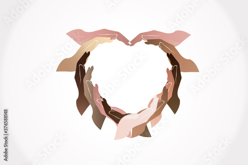 Hands love heart shape unity diversity help people logo vector web image