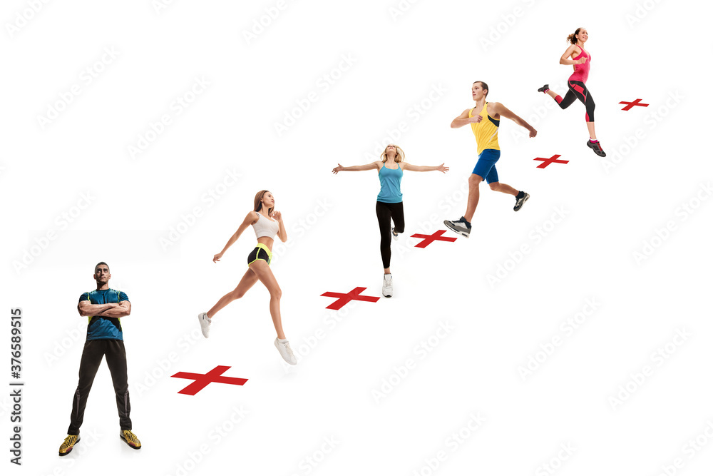 the concept of actions that can be performed together, physical distance during fitness classes. collage