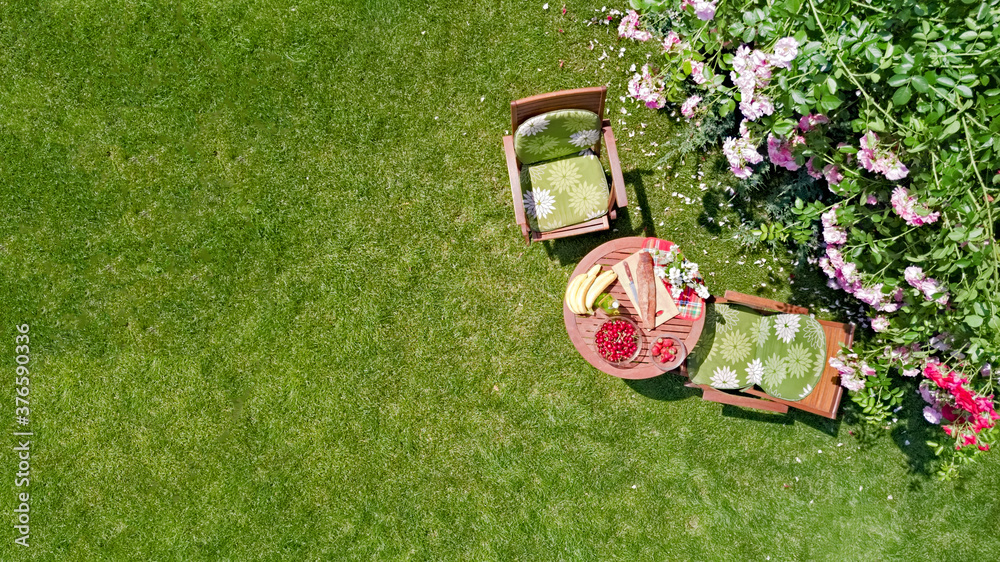 Decorated table with bread, strawberry and fruits in beautiful summer rose garden, aerial top view of romantic date table food setting for two from above
 - obrazy, fototapety, plakaty 