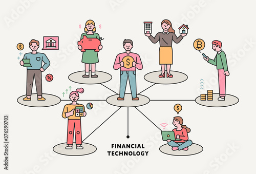 One man is standing at the center of the circle and others are standing in the spreading circle. Business concept flat design style minimal vector illustration.