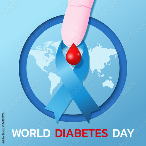 World diabetes day logo or banner with blue ribbon and blood drop on finger