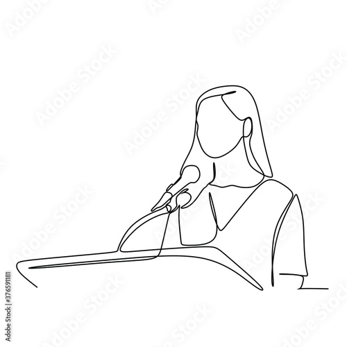 A young woman giving speech. Continuous single line illustration drawing vector
