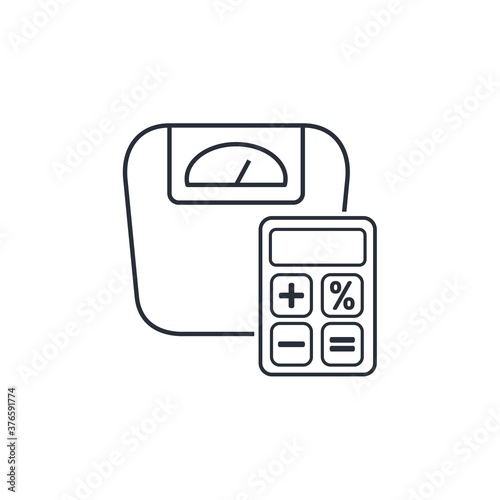 Weight scale and a calculator. Vector linear icon isolated on white background.