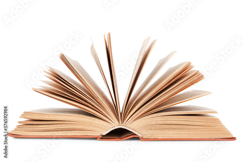Photography One open old paper thick book, yellow flipping pages white background isolated c