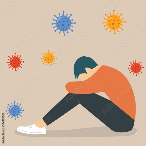 Solitude and depression from social distancing, isolated stay home alone in COVID-19 coronavirus crisis, anxiety from virus infection, Sad unhappy depressed man sit alone with virus pathogens