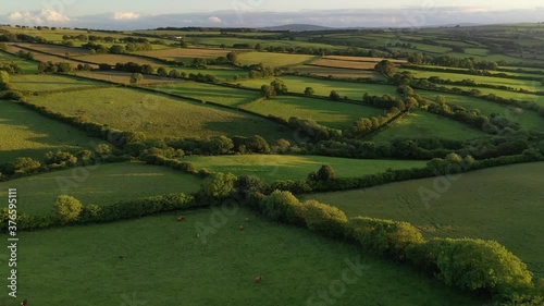 Aerial clip of rolling Devon countryside near Brentor, Devon, England photo