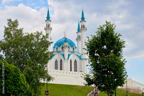 Kul Sharif mosque in Kazan Kremlin. Beautiful white mosque with blue domes. Historical, cultural, religious and tourist attraction of Russia.