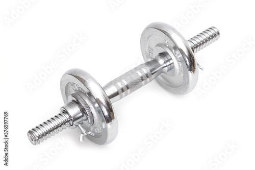 Silver dumbbells on white background