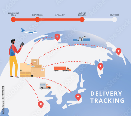 Delivery tracking banner with man monitoring shipping flat vector illustration.