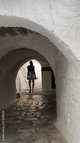  Dark-skinned young attractive woman in backlight at the exit in the arch © Elena