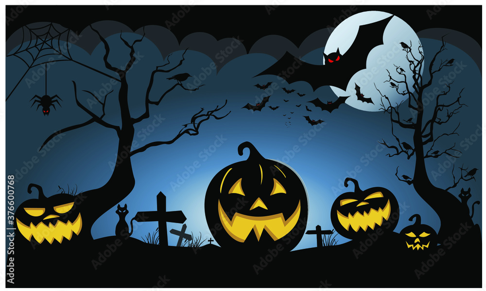 Halloween pumpkin, bat, cross, cat, black, crow and darkness on blue moon background dark sky vector illustration Halloween pumpkin, bat, cross, cat, black, crow and darkness on blue moon background dark sky vector illustration